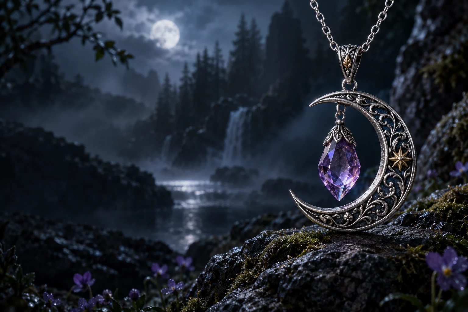 An ornate silver crescent pendant with a violet crystal in a moonlit forest